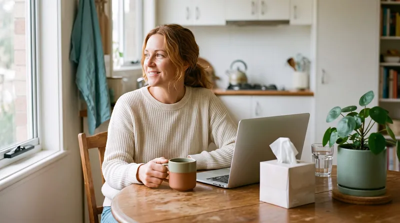 A woman resting at home with a laptop and a cup of tea