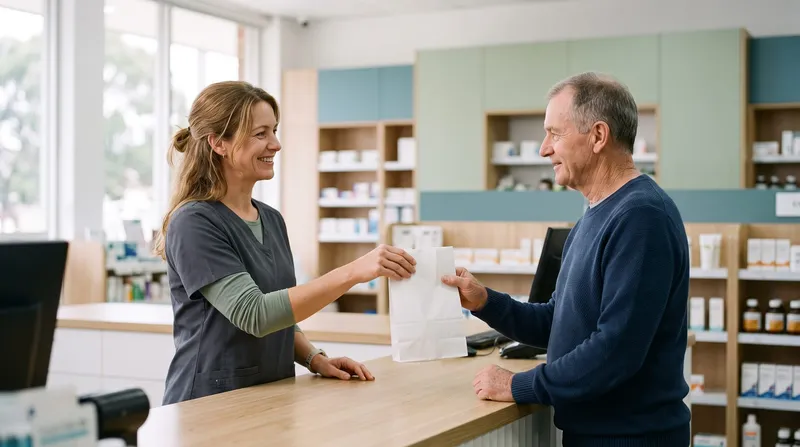A pharmacist handing a prescription bag to a customer at a pharmacy counter