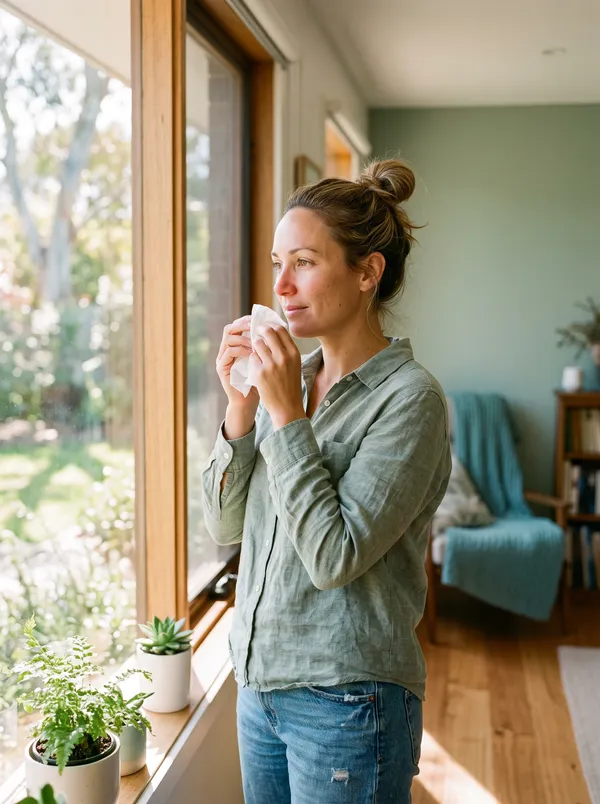 A woman standing by a window at home with a tissue