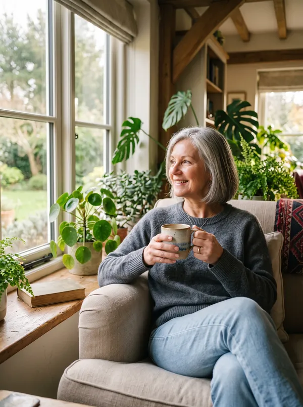 An older woman sitting by a window at home with a warm drink