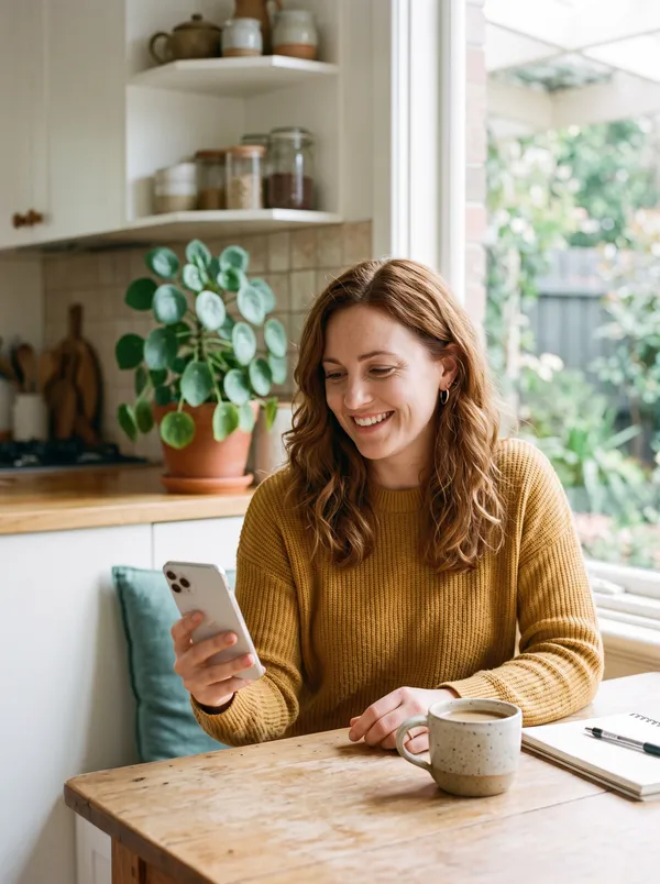 A woman at her kitchen table with a phone and a coffee
