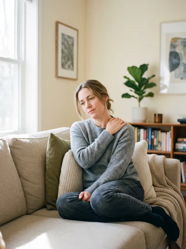 A woman on the couch at home holding her shoulder