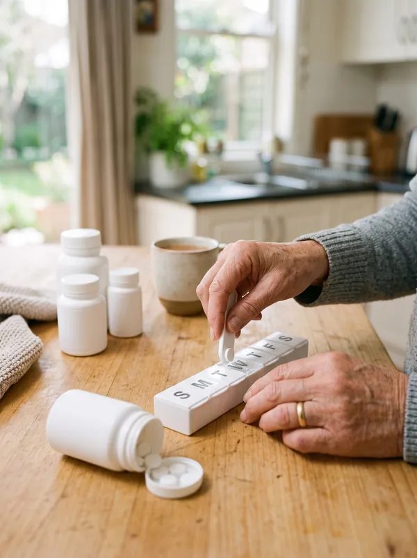 Hands filling a weekly pill organiser at a kitchen table