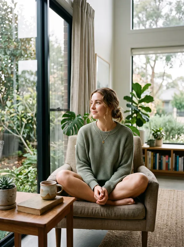 A woman sitting quietly in an armchair by a window