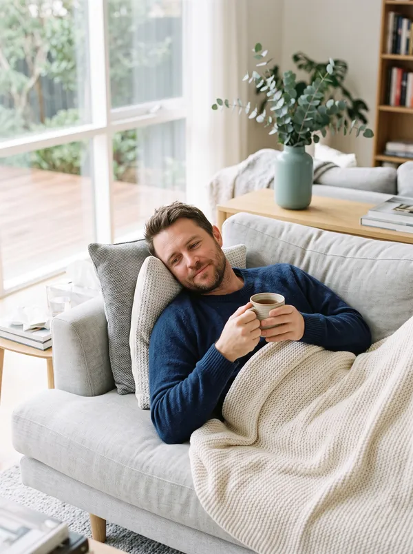 A man resting under a blanket on the couch with a warm drink