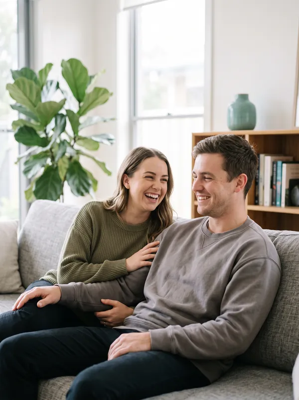 A couple laughing together on the couch at home