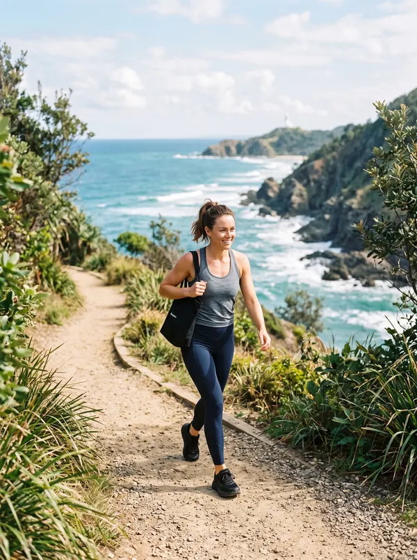 A woman walking a coastal path on a bright day