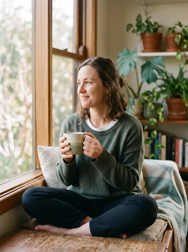 A woman sitting by a window at home with a warm drink