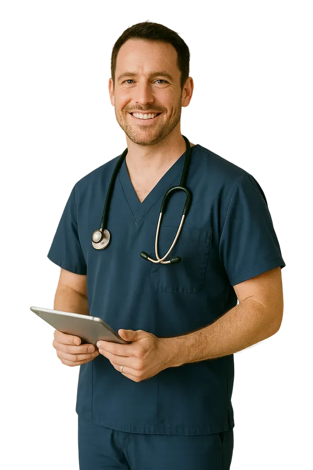 A doctor in navy scrubs holding a tablet