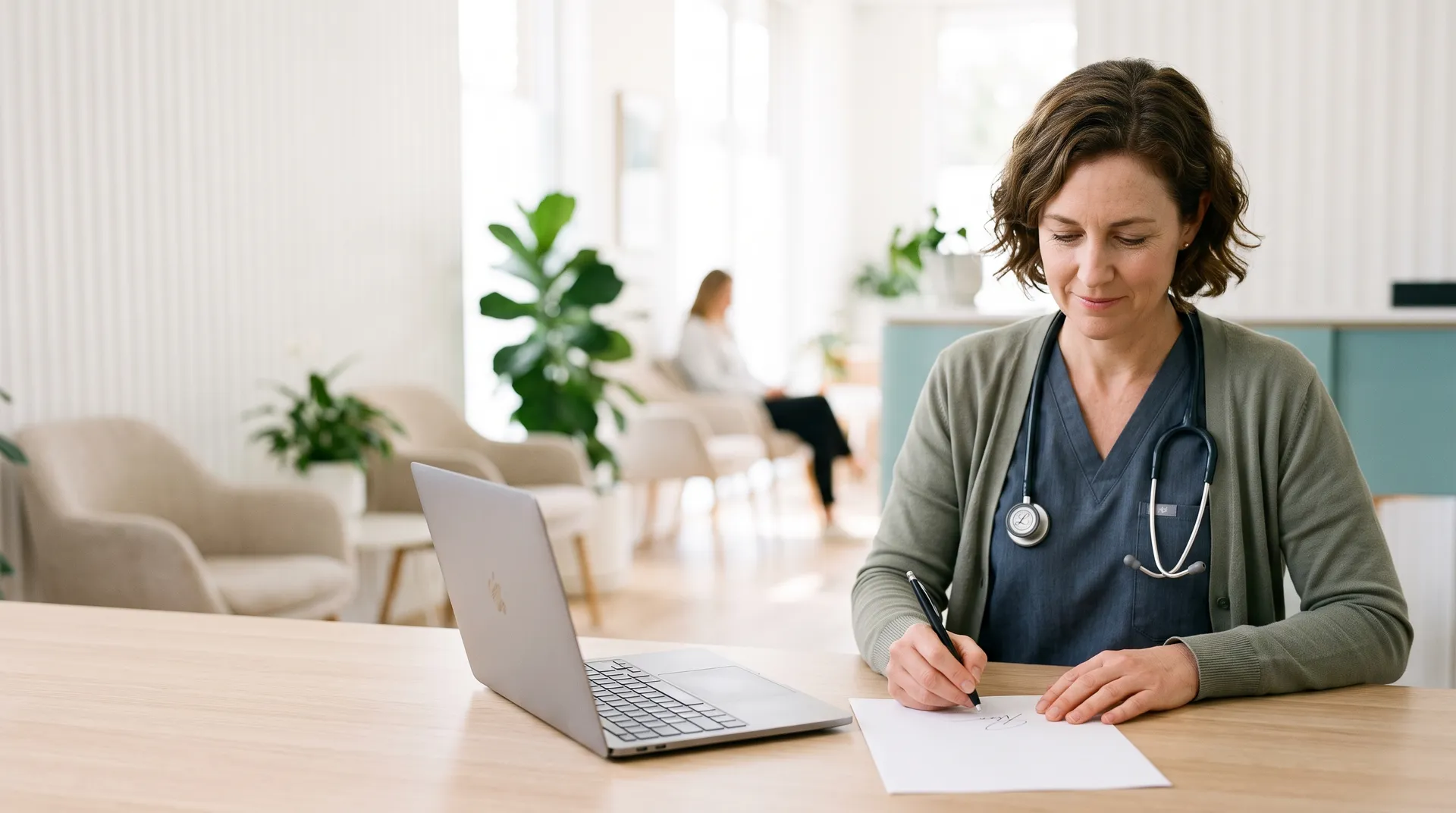 A doctor completing a medical certificate at a clinic desk