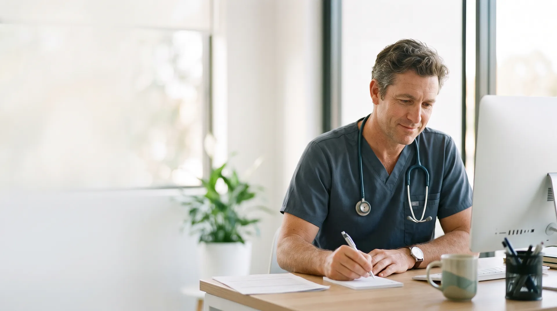 A doctor making notes at a desk in a clinic room