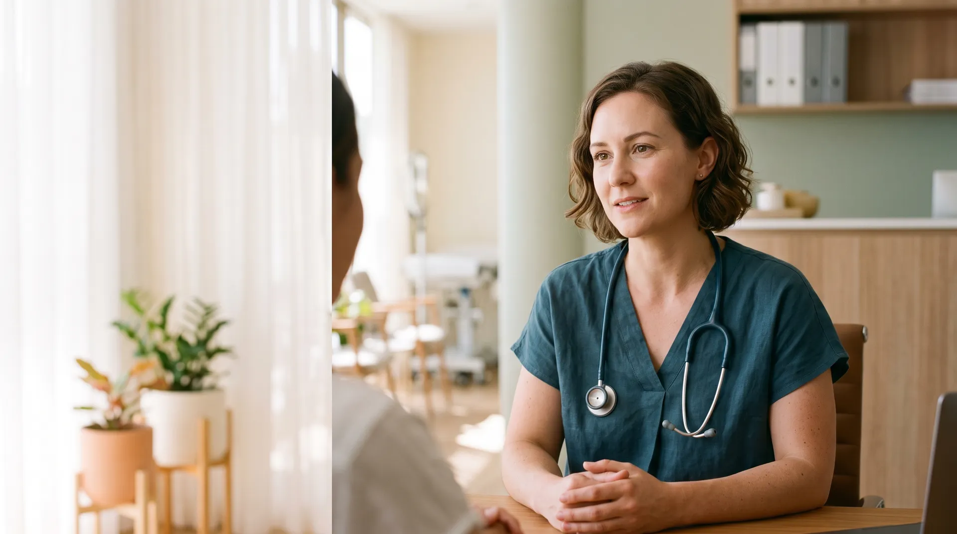 A doctor listening to a patient across a desk