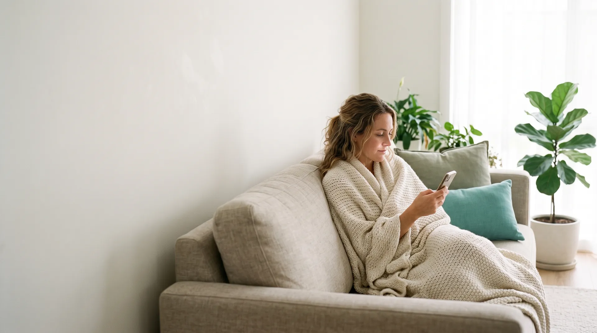 An Australian woman at home resting on the couch during a telehealth consultation