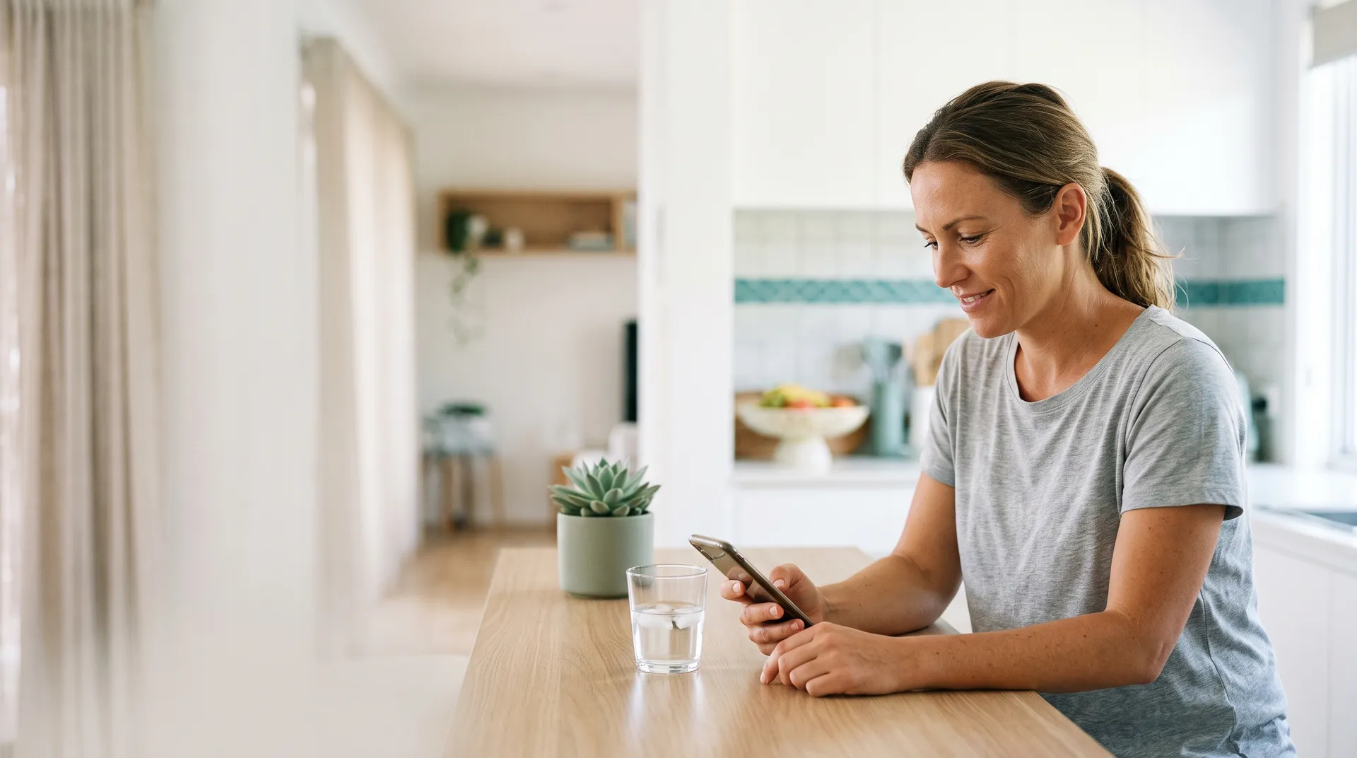 A woman at her kitchen bench at home, using her phone